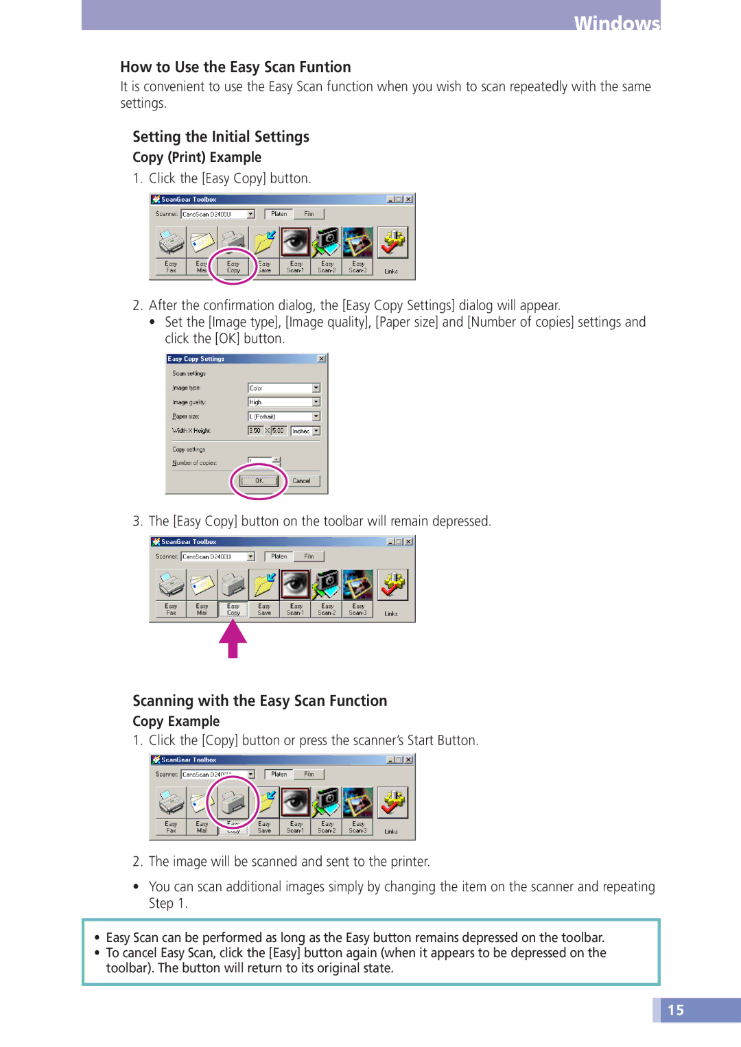 Canon D1230U/D2400U How to Use the Easy Scan Funtion, Setting the Initial Settings, Scanning with the Easy Scan Function 