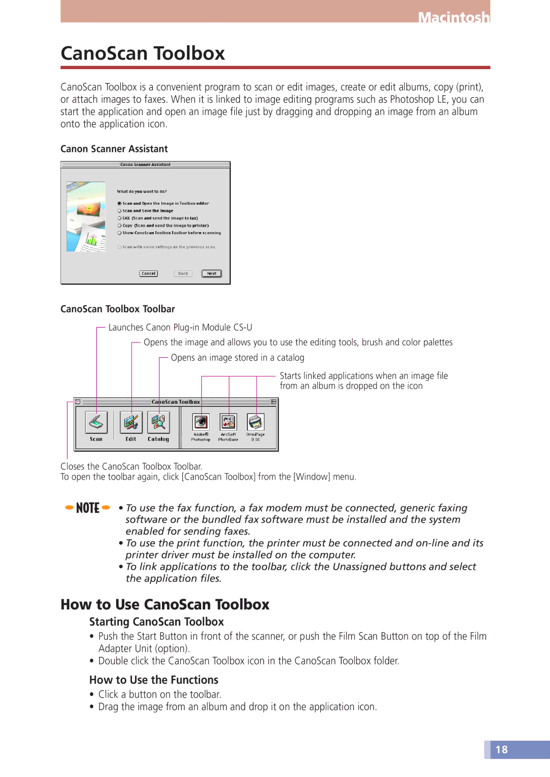 Canon D1230U/D2400U manual How to Use CanoScan Toolbox, Starting CanoScan Toolbox, How to Use the Functions 