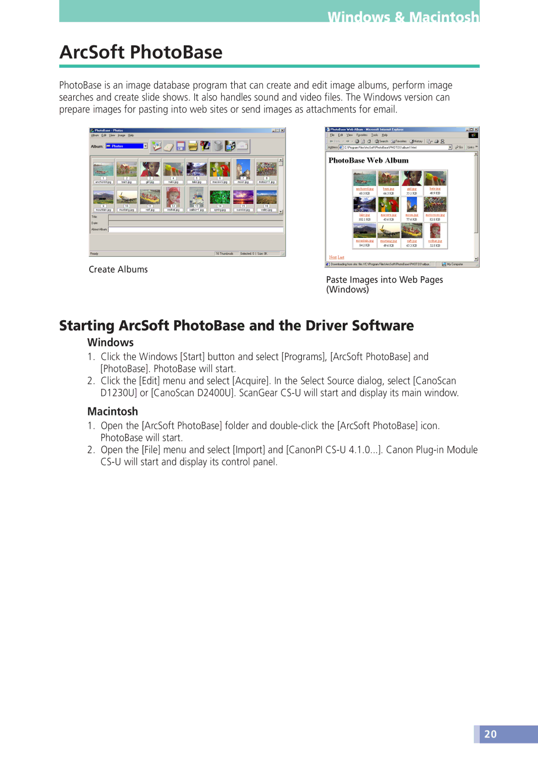 Canon D1230U/D2400U manual Starting ArcSoft PhotoBase and the Driver Software 