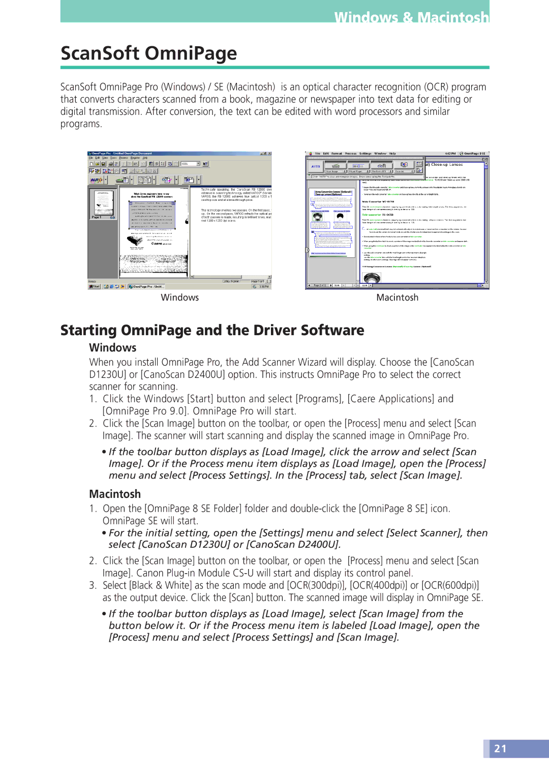 Canon D1230U/D2400U manual ScanSoft OmniPage, Starting OmniPage and the Driver Software 