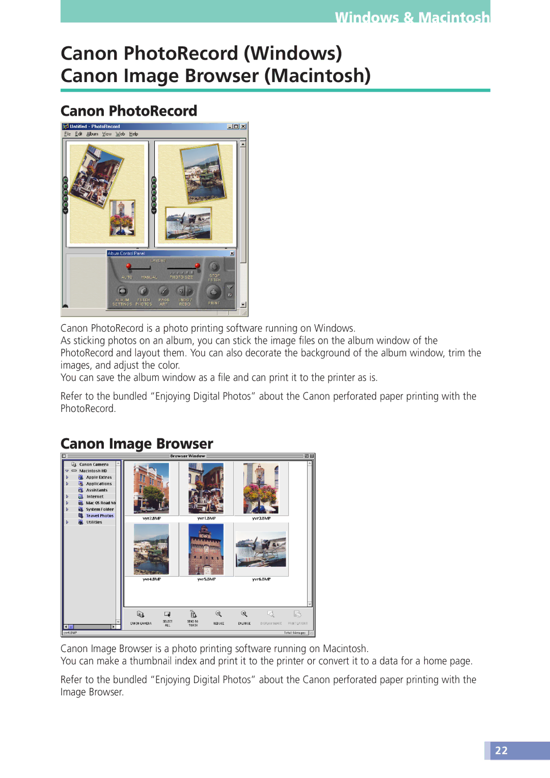 Canon D1230U/D2400U manual Canon PhotoRecord Windows Canon Image Browser Macintosh 