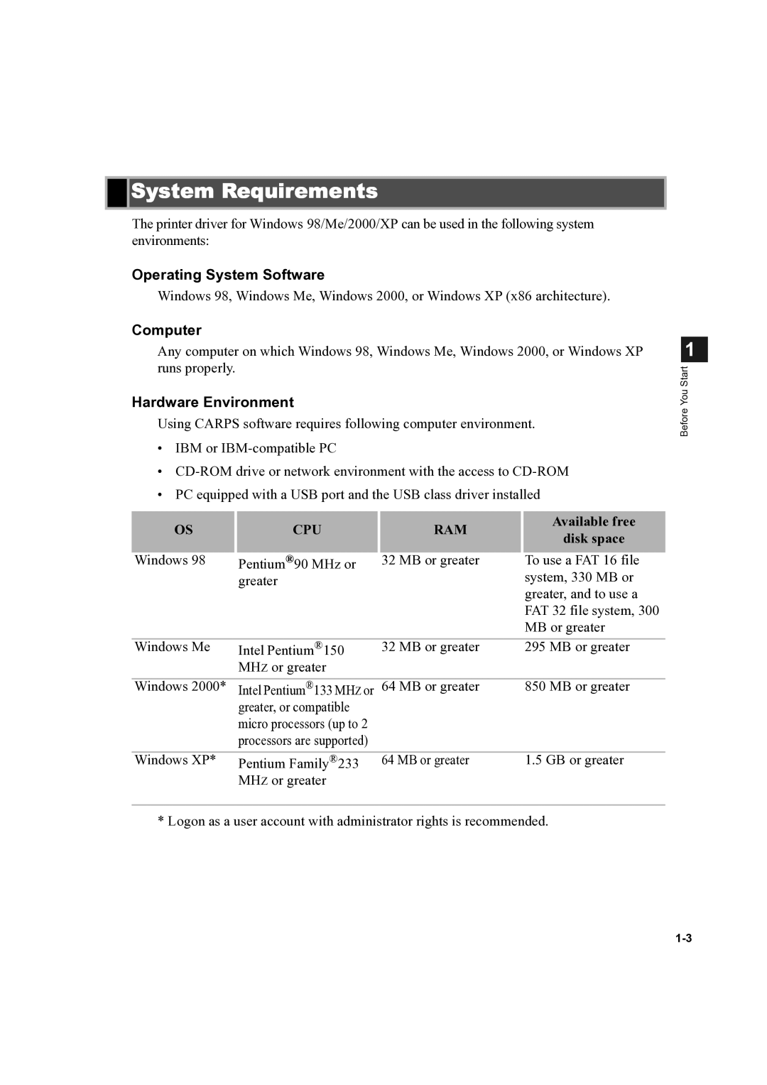 Canon D300 manual System Requirements, Operating System Software, Computer, Hardware Environment 