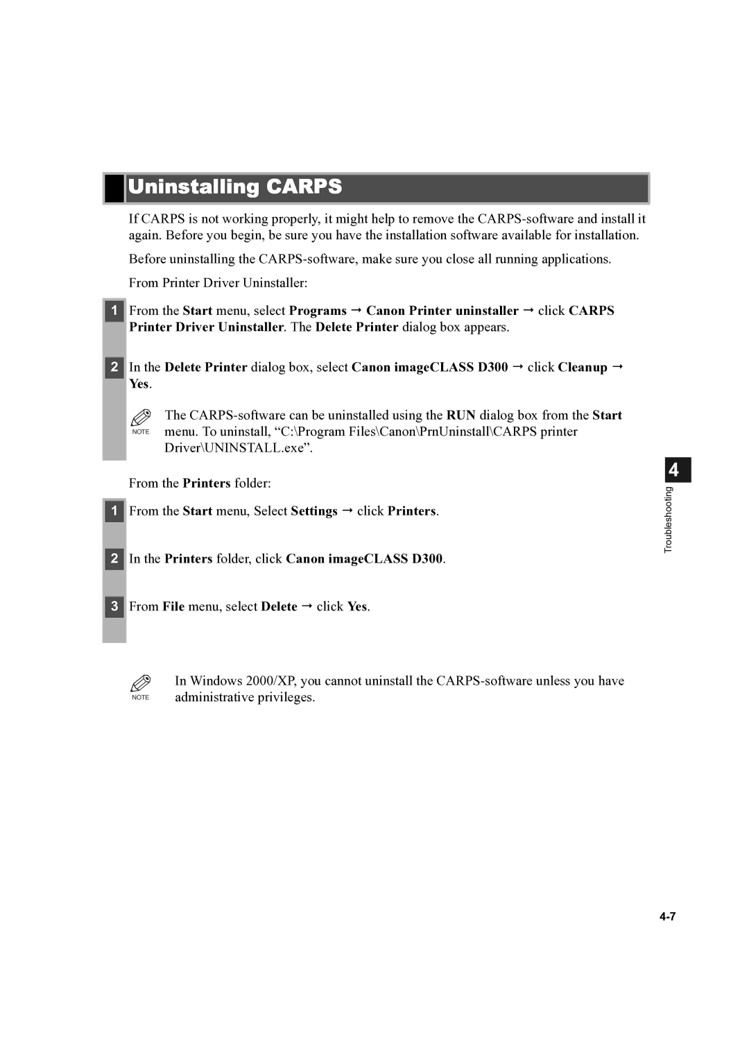 Canon manual Uninstalling Carps, Yes, Printers folder, click Canon imageCLASS D300 