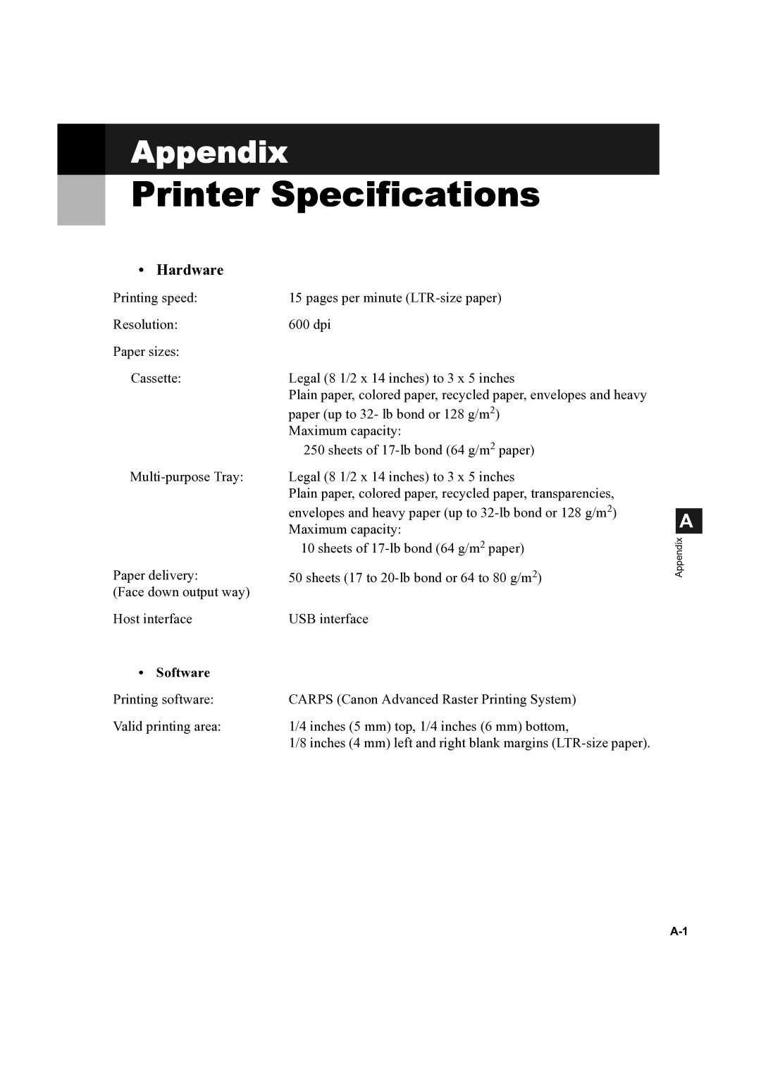 Canon D300 manual Printer Specifications, Software 