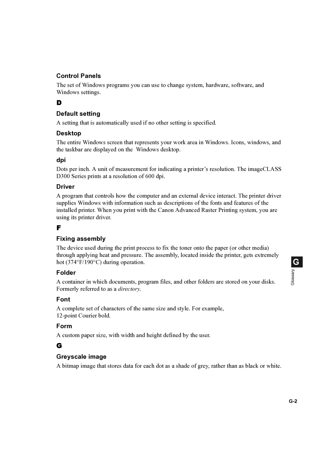 Canon D300 Control Panels, Default setting, Desktop, Dpi, Driver, Fixing assembly, Folder, Font, Form, Greyscale image 