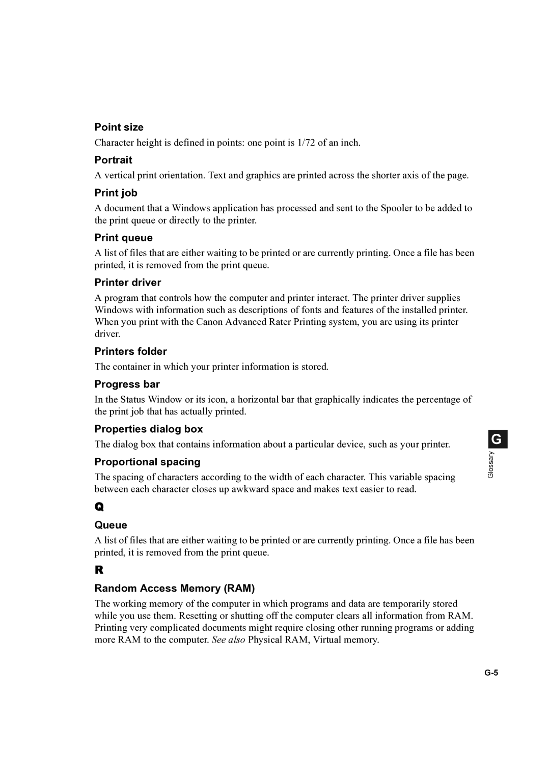 Canon D300 manual Point size, Portrait, Print job, Print queue, Printer driver, Printers folder, Progress bar, Queue 