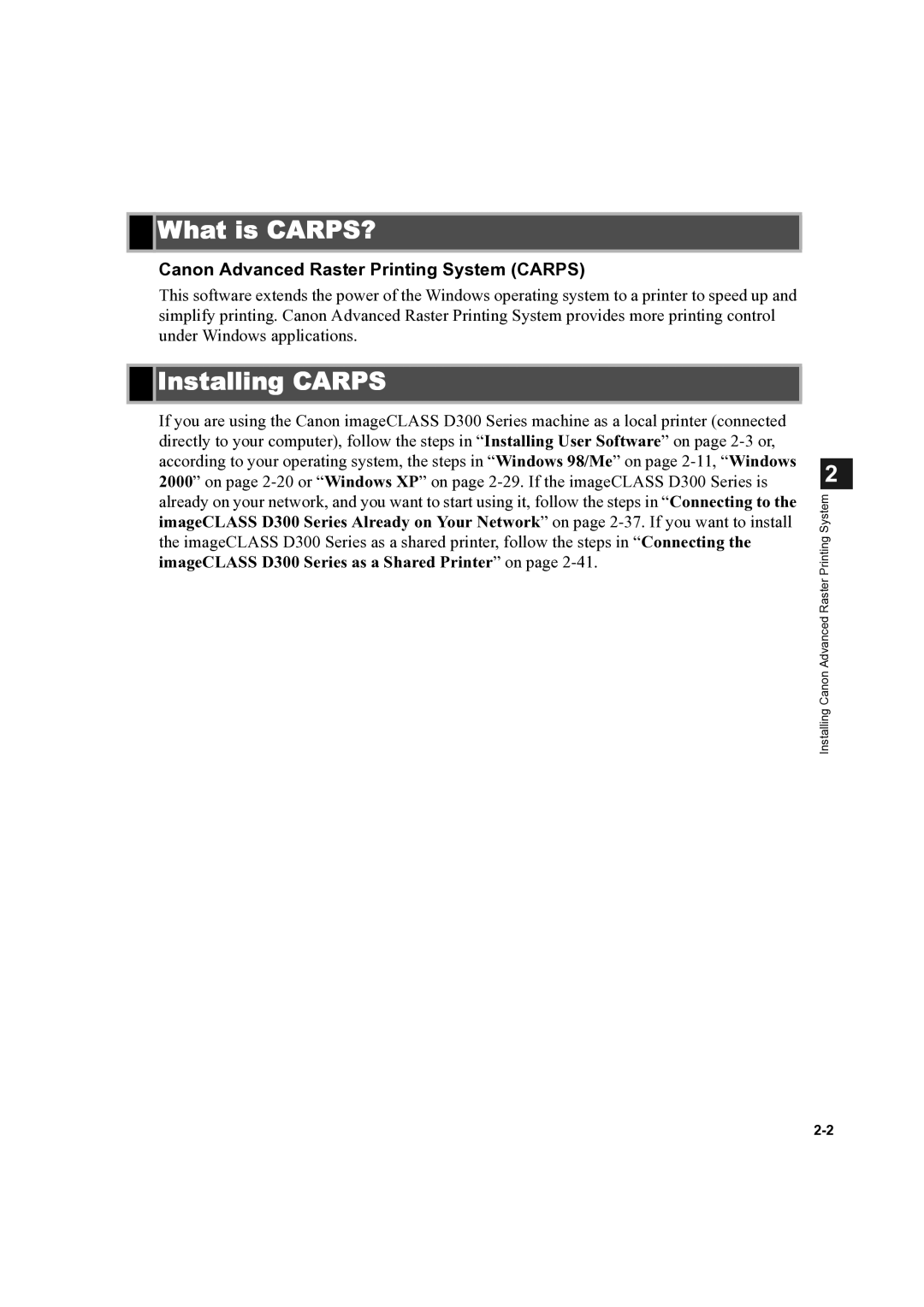 Canon D300 manual What is CARPS?, Installing Carps, Canon Advanced Raster Printing System Carps 