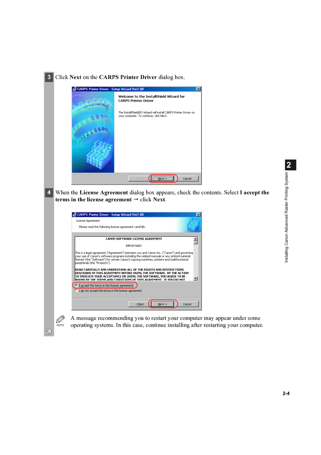 Canon D300 manual Click Next on the Carps Printer Driver dialog box 