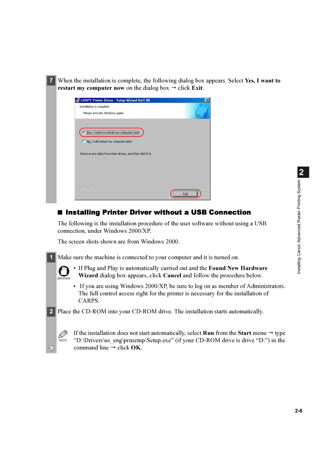 Canon D300 manual Installing Printer Driver without a USB Connection 