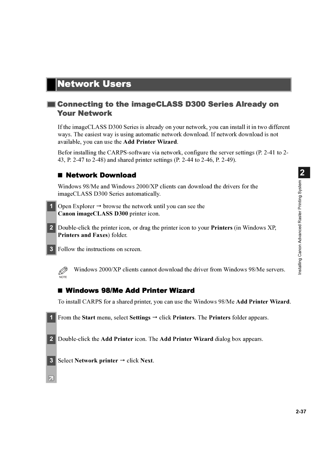 Canon manual Network Users, Network Download, Canon imageCLASS D300 printer icon, Printers and Faxes folder 