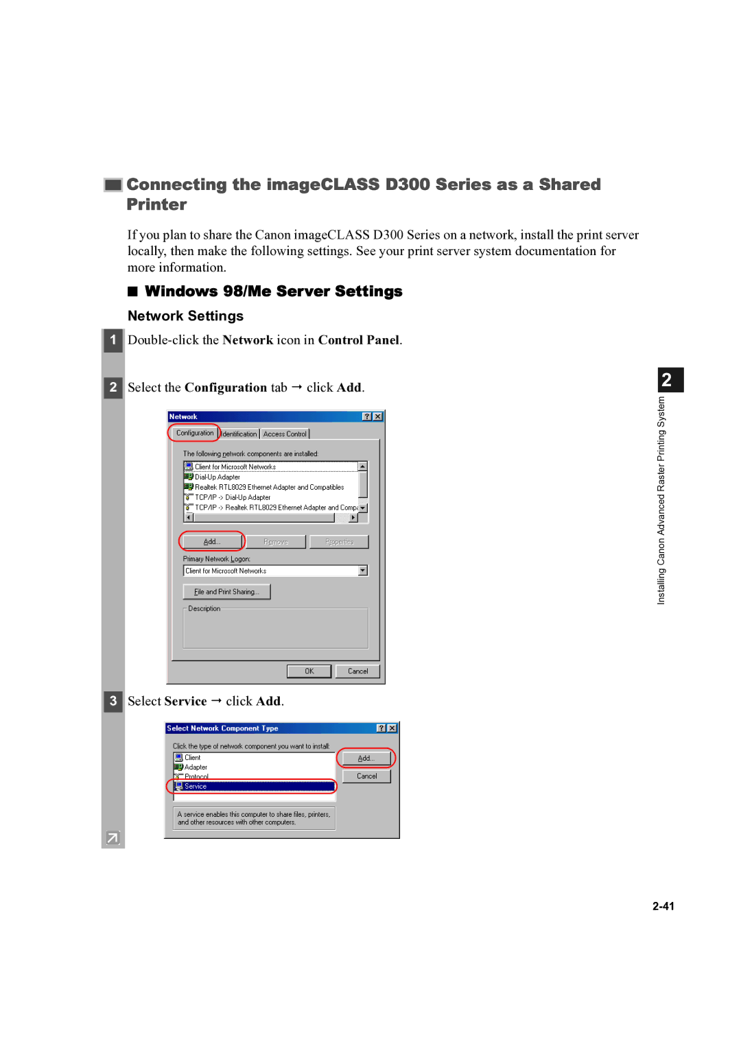 Canon D300 manual Windows 98/Me Server Settings, Network Settings 