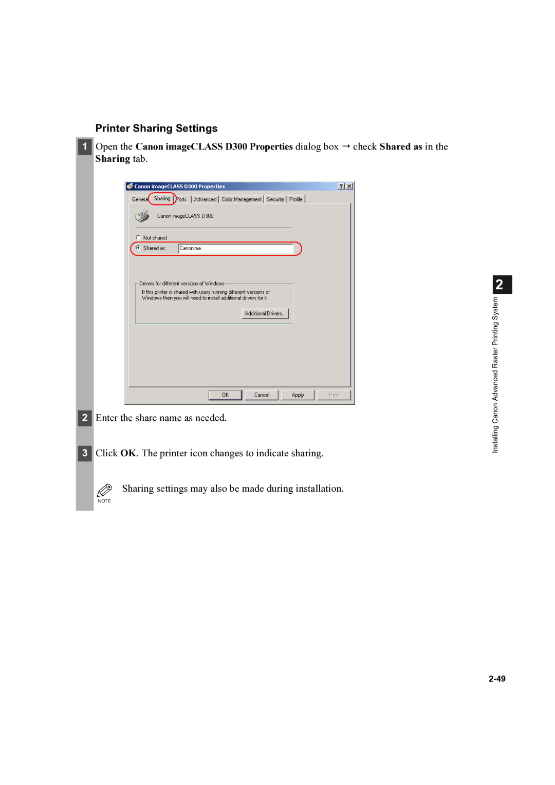 Canon D300 manual Printer Sharing Settings, Sharing tab 