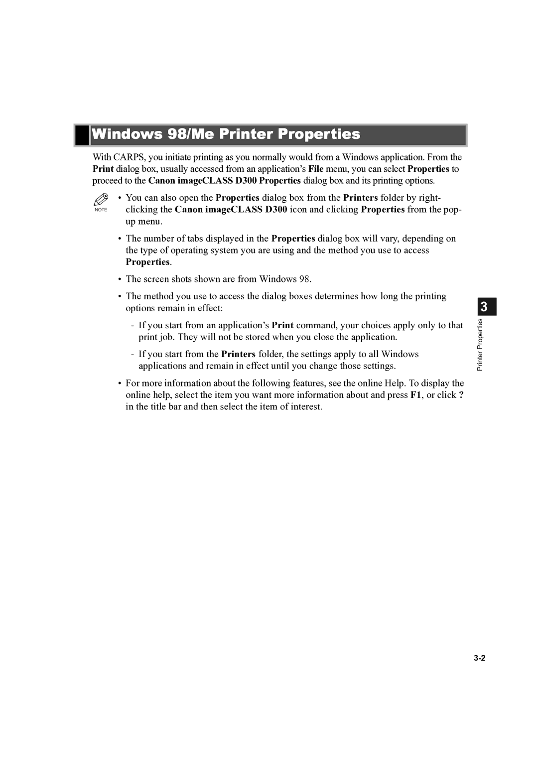 Canon D300 manual Windows 98/Me Printer Properties 