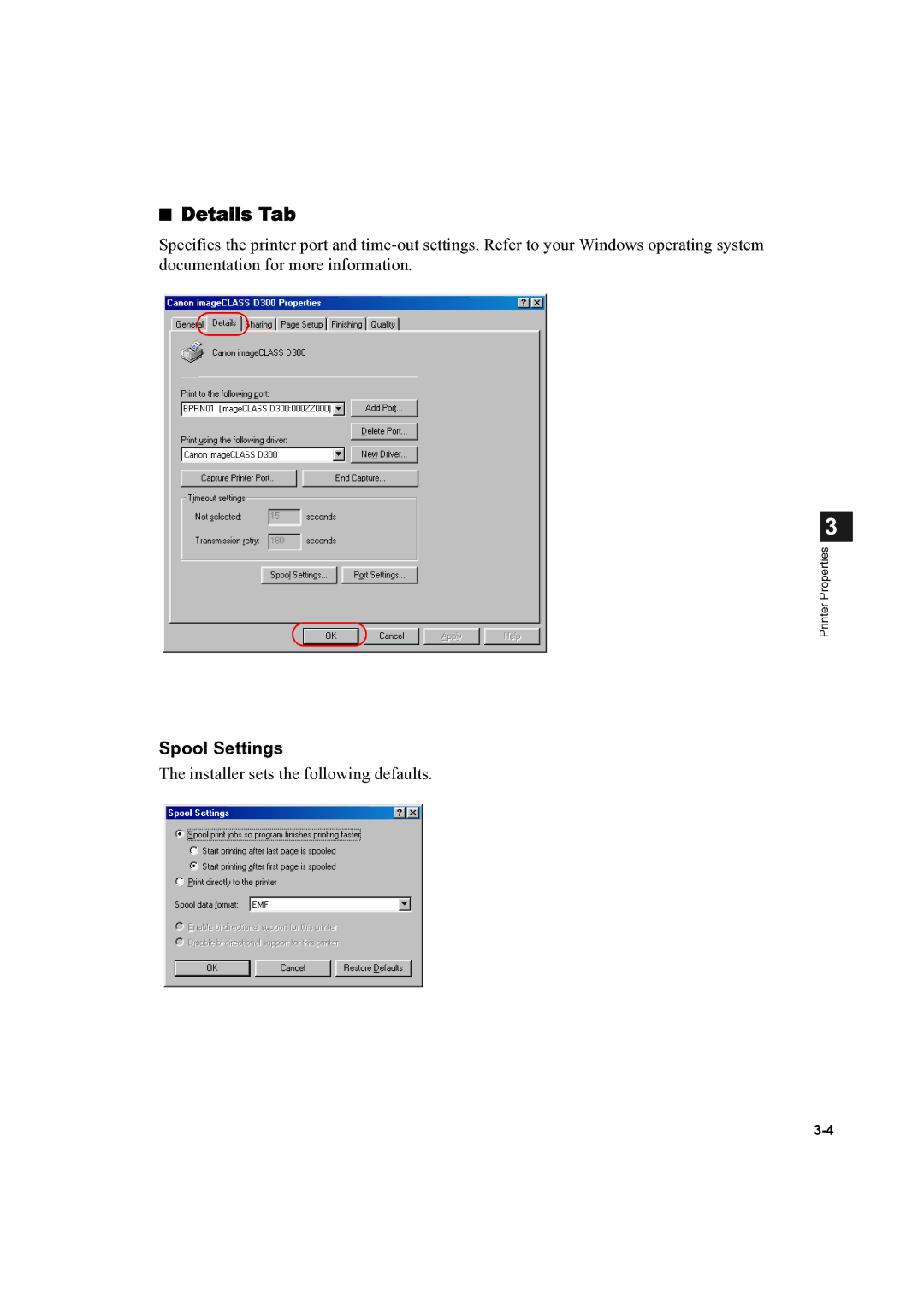 Canon D300 manual Details Tab, Spool Settings 