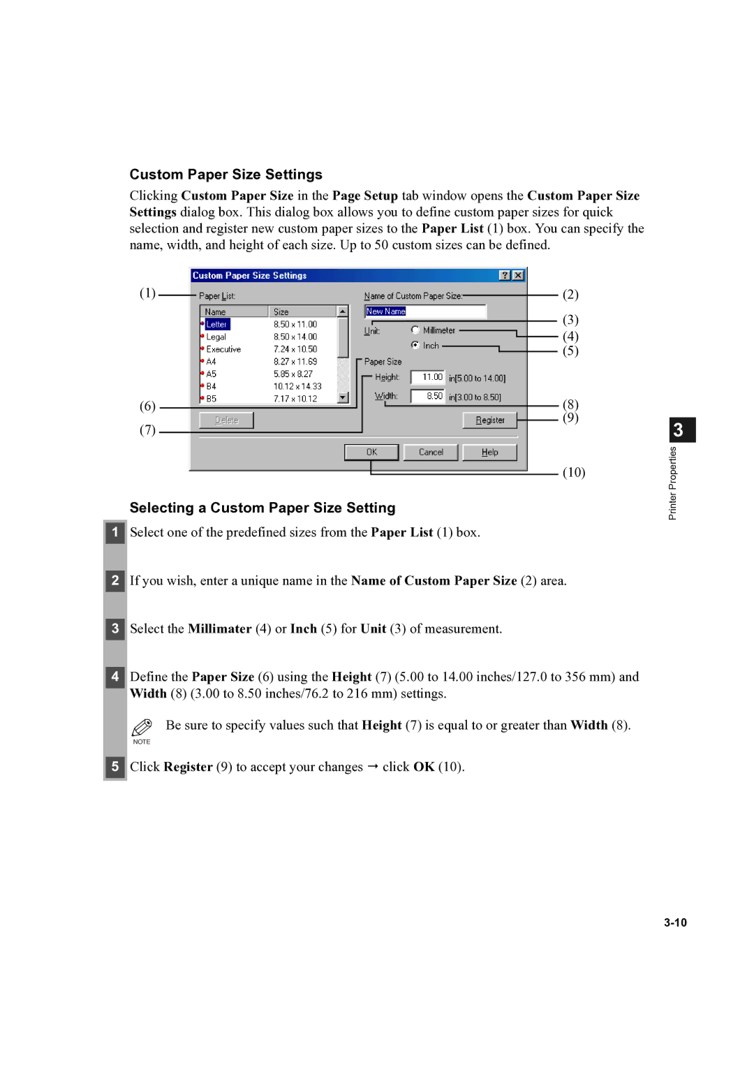 Canon D300 manual Custom Paper Size Settings, Selecting a Custom Paper Size Setting 