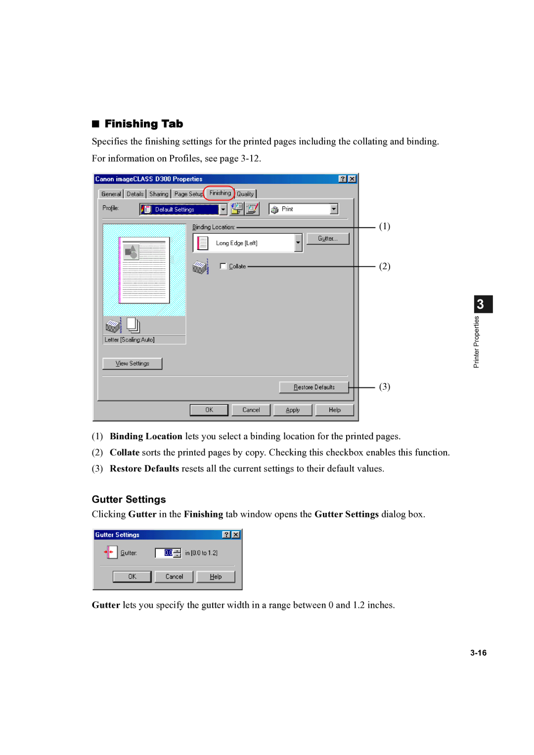 Canon D300 manual Finishing Tab, Gutter Settings 