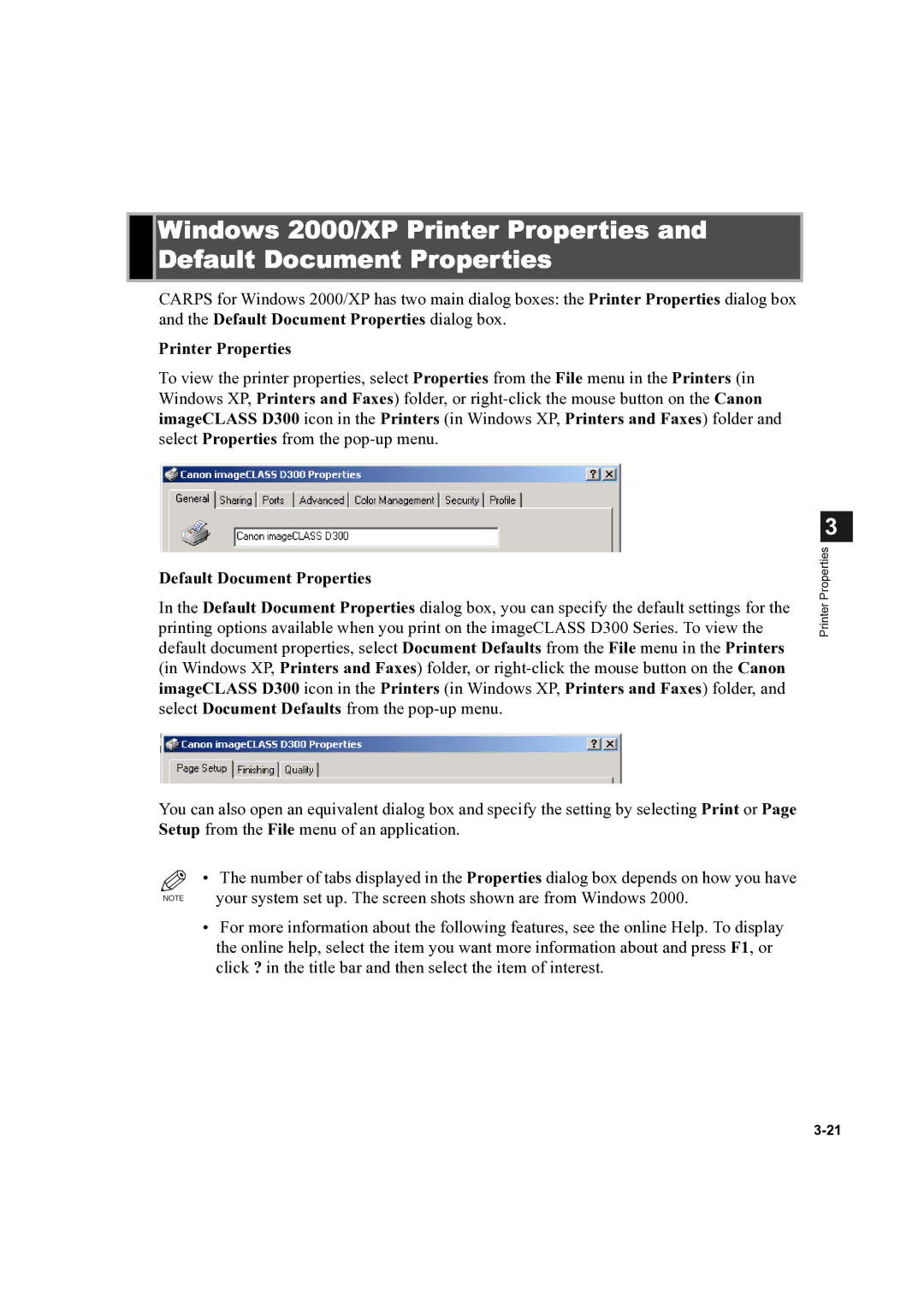 Canon D300 manual Printer Properties, Default Document Properties 