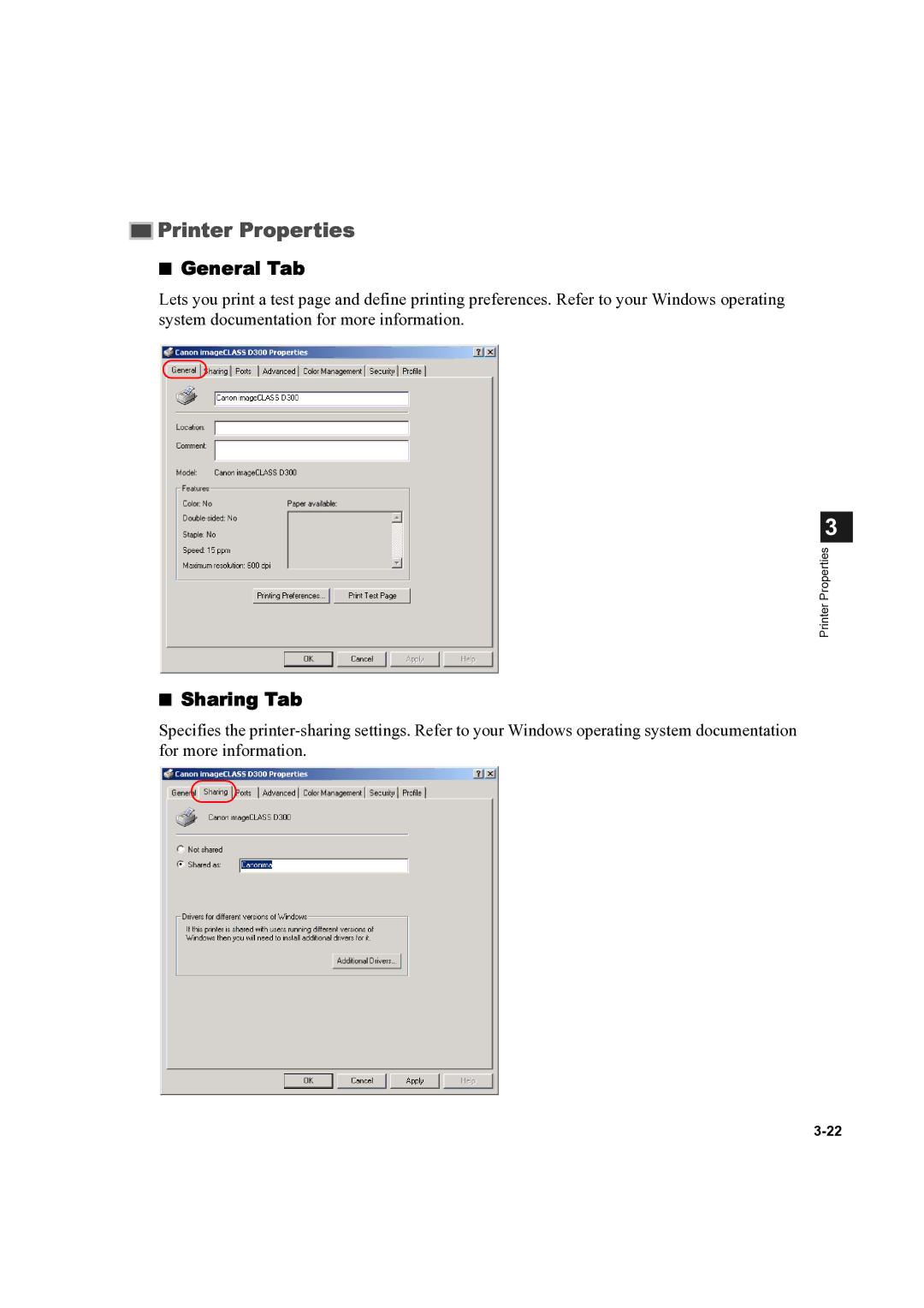 Canon D300 manual Printer Properties 