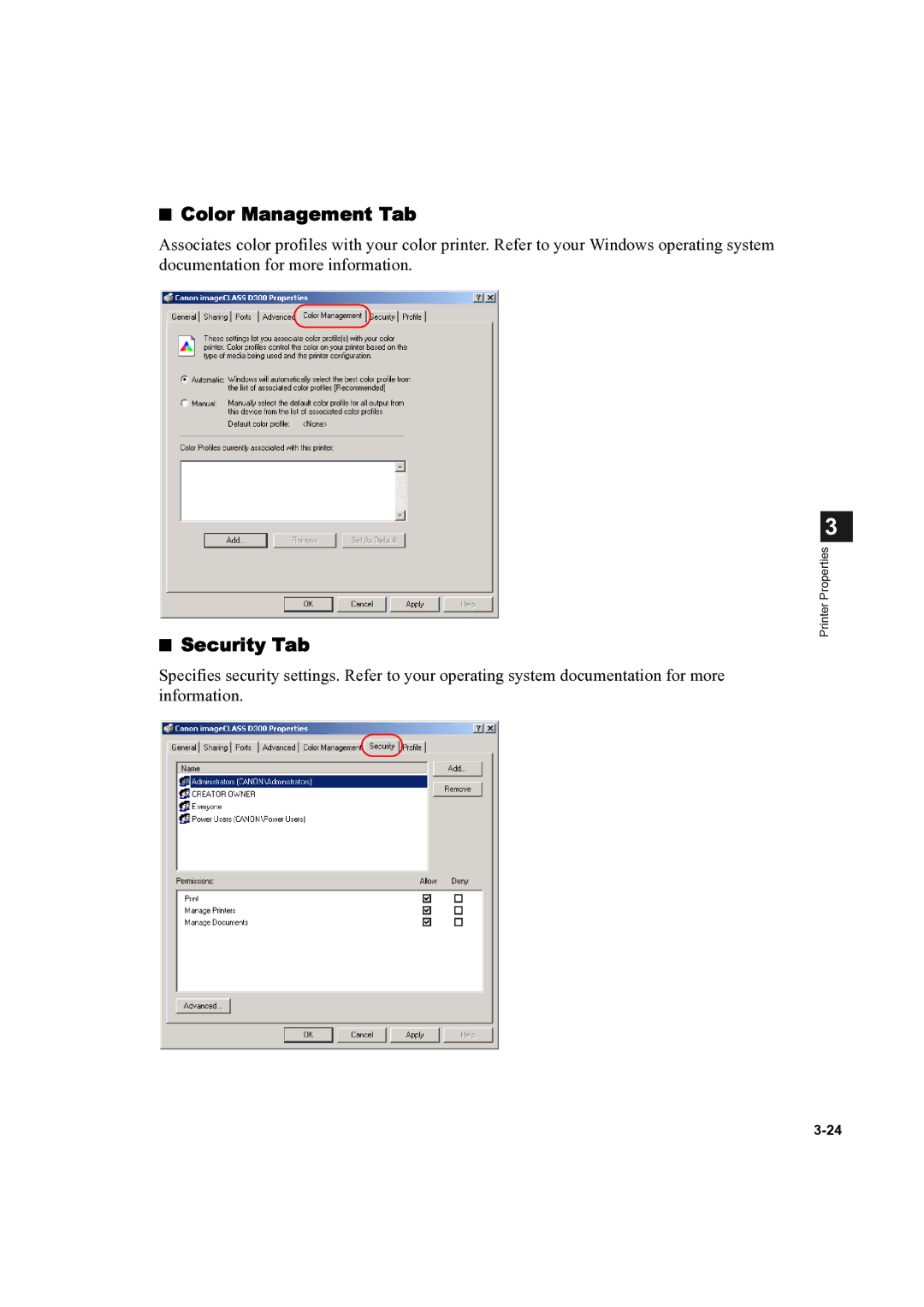 Canon D300 manual Color Management Tab, Security Tab 