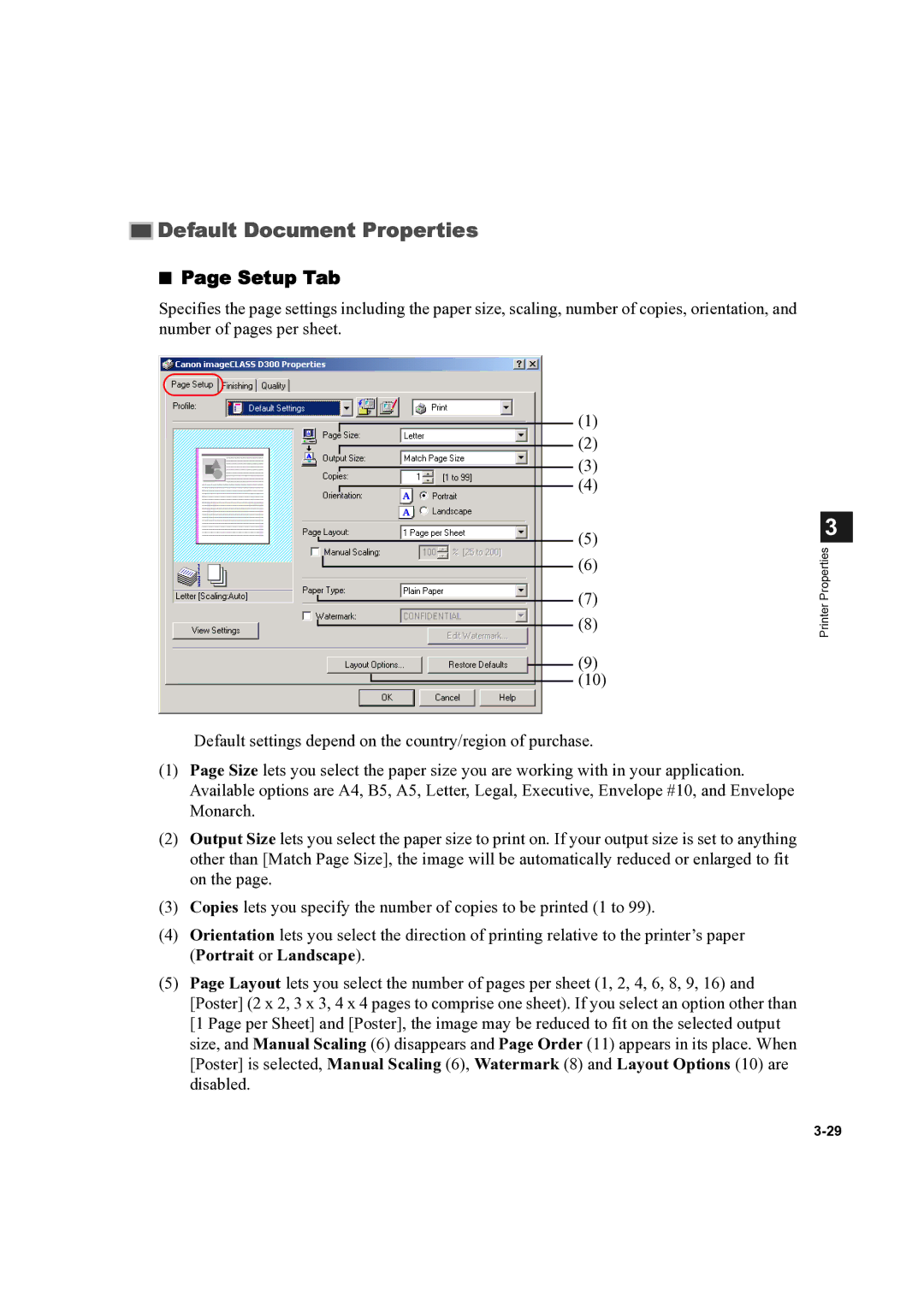 Canon D300 manual Default Document Properties 