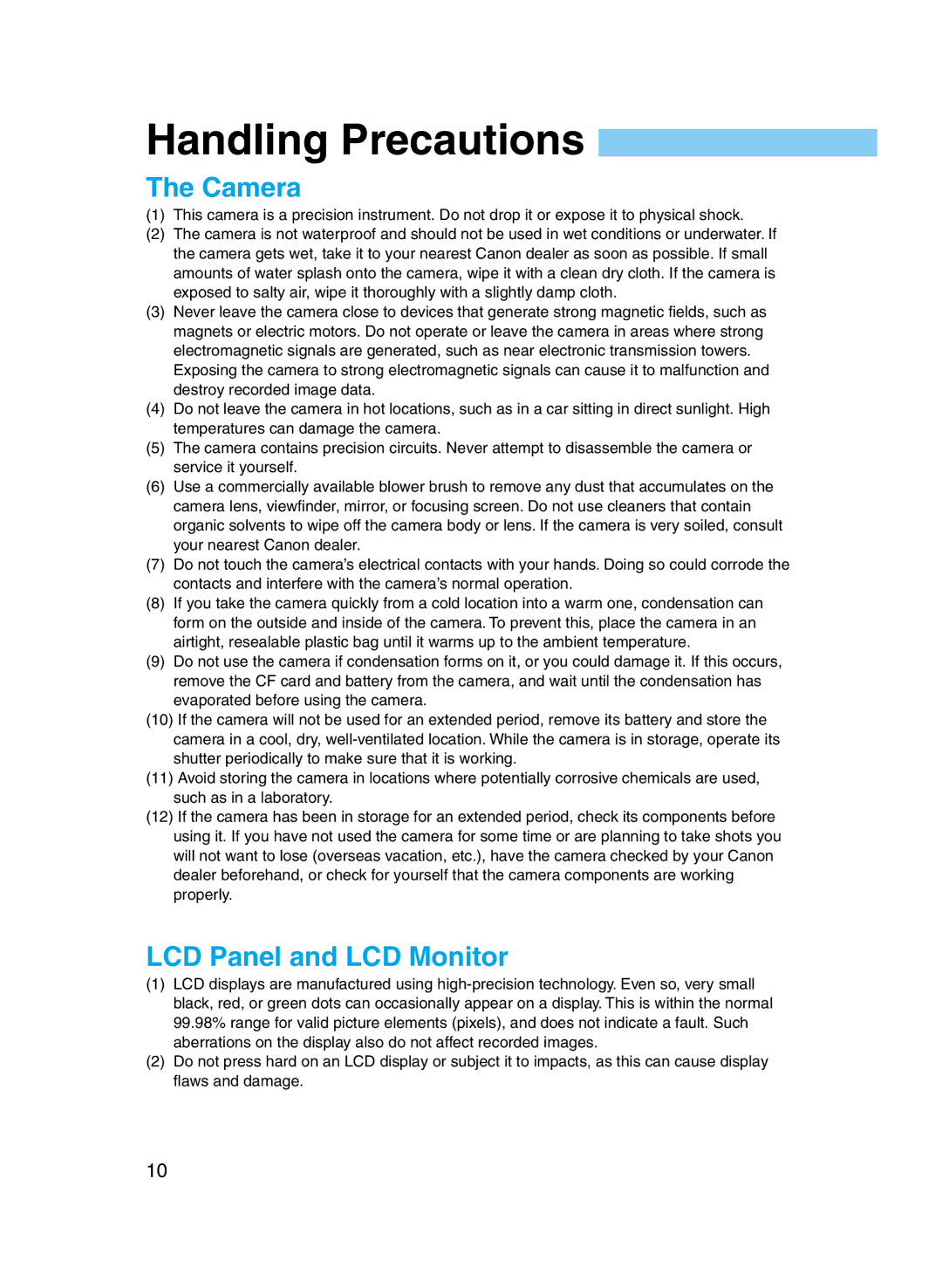 Canon D60 manual Handling Precautions, Camera 