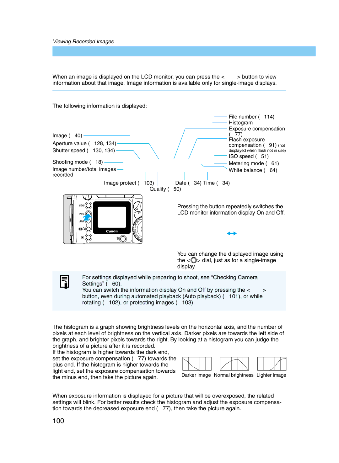 Canon D60 manual INFO. Turning the Information Display On and Off, Image Information Displayed During Play, Histograms 