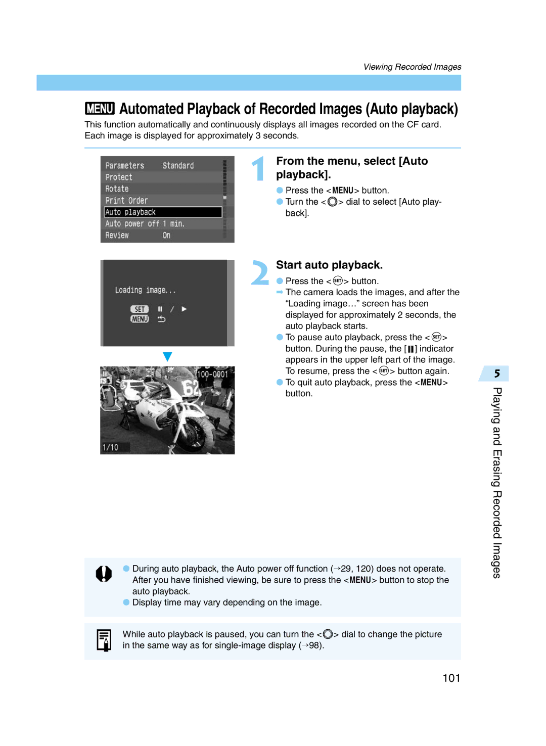 Canon D60 manual From the menu, select Auto Playback, Start auto playback, Playing Erasing Recorded Images 101 