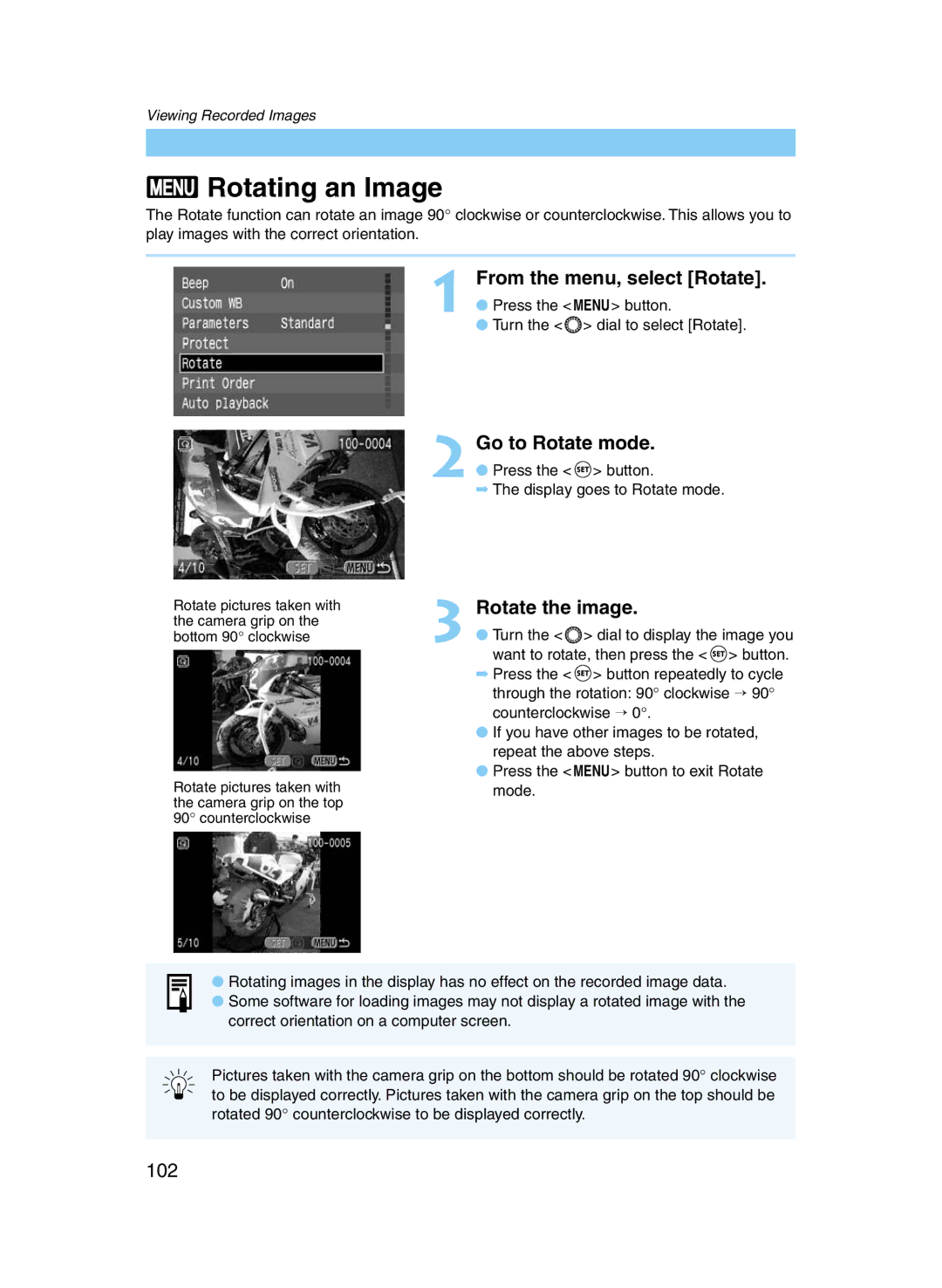 Canon D60 manual Rotating an Image, From the menu, select Rotate, Go to Rotate mode, Rotate the image, 102 