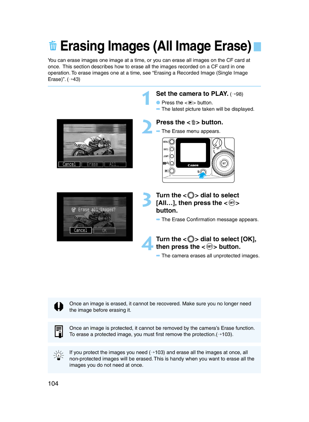 Canon D60 manual Erasing Images All Image Erase, Press the button, Turn the dial to select All…, then press the button, 104 