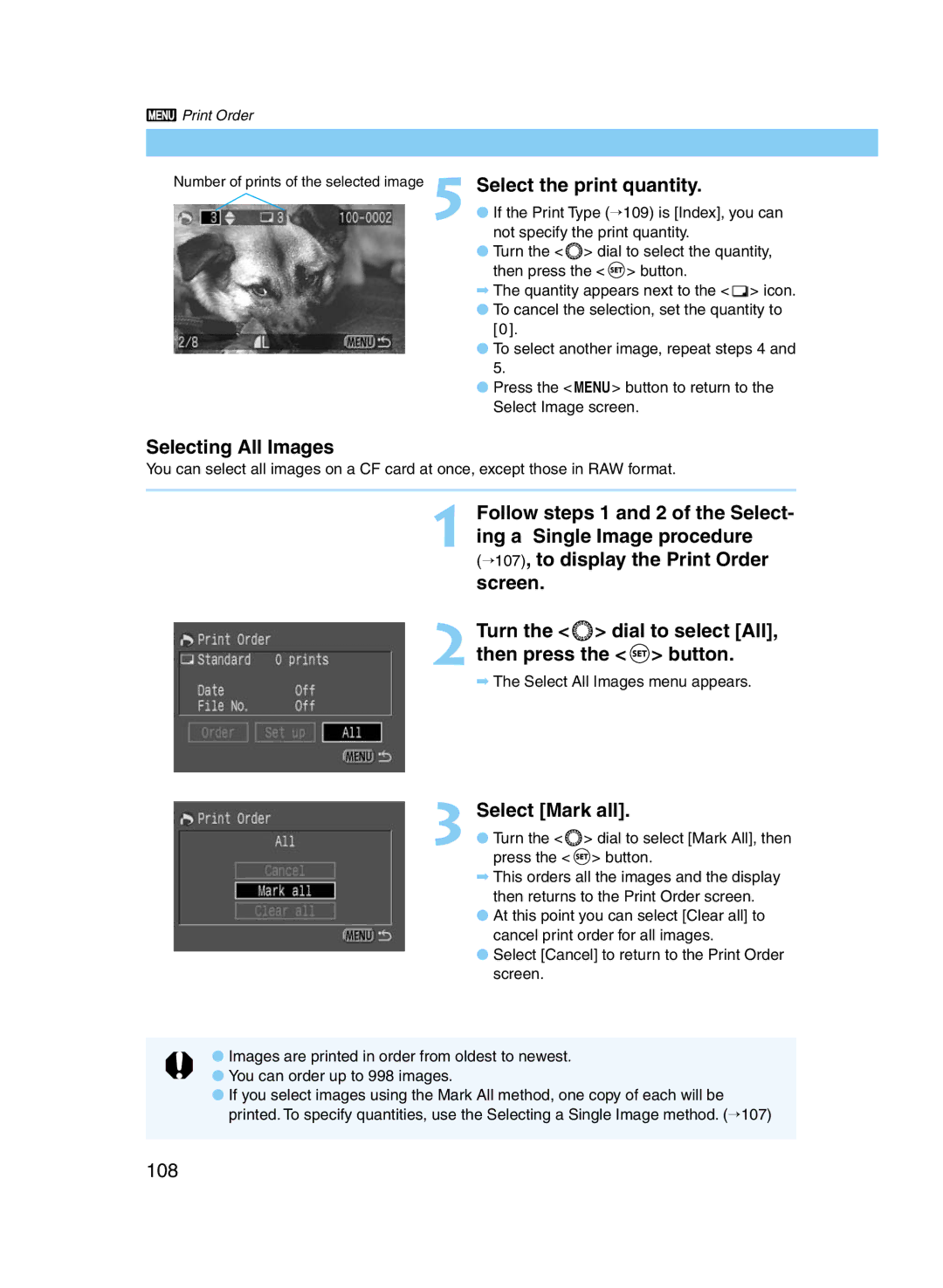 Canon D60 manual Select the print quantity, Selecting All Images, Select Mark all, 108 