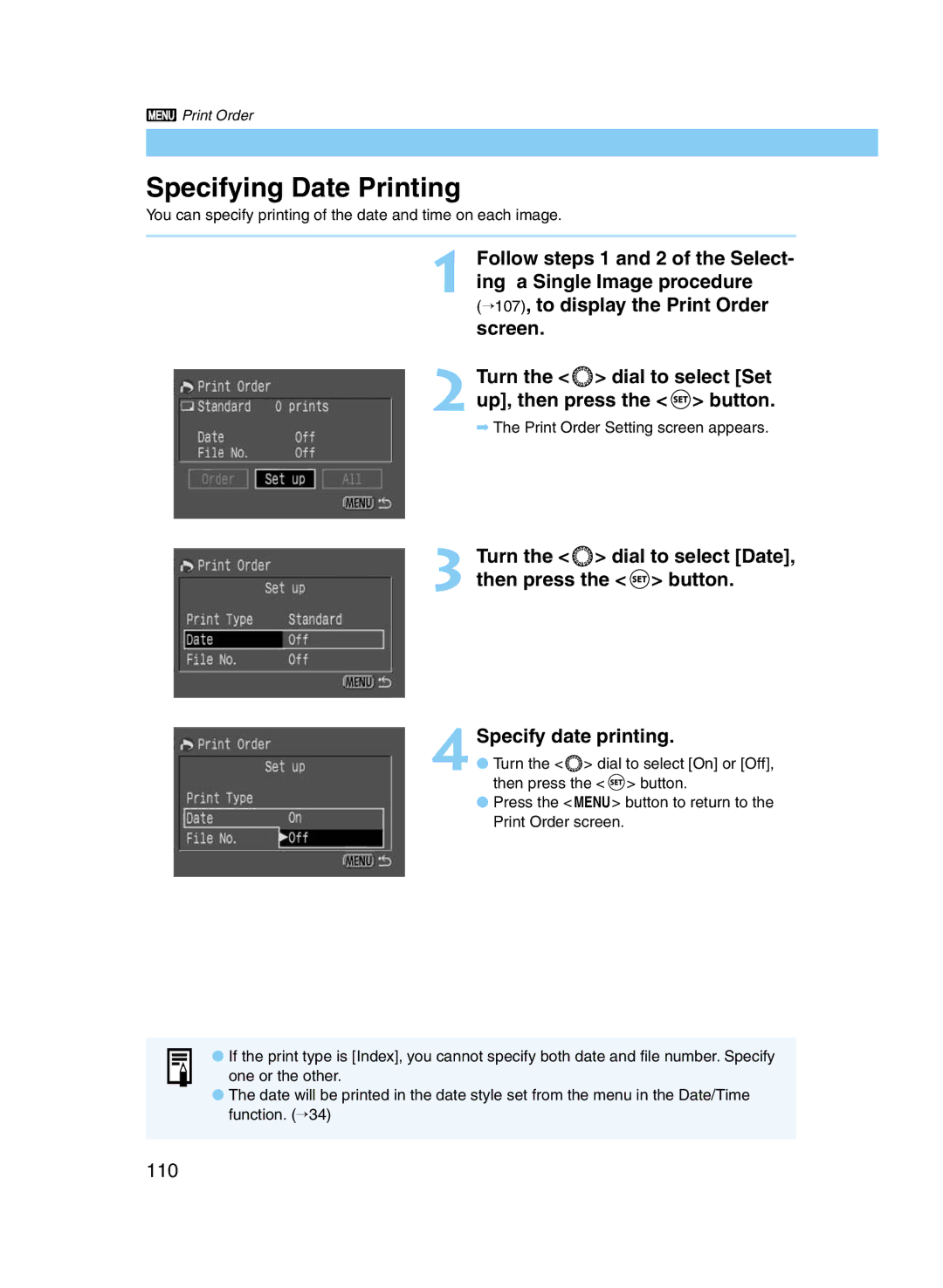 Canon D60 manual Specifying Date Printing, 110 