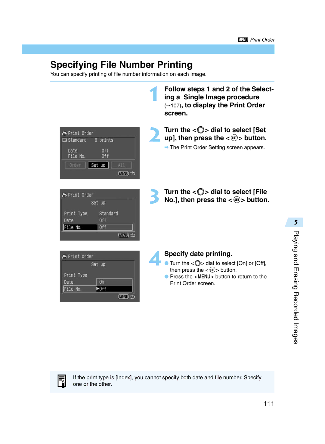 Canon D60 manual Specifying File Number Printing, Playing Erasing Recorded Images 111 