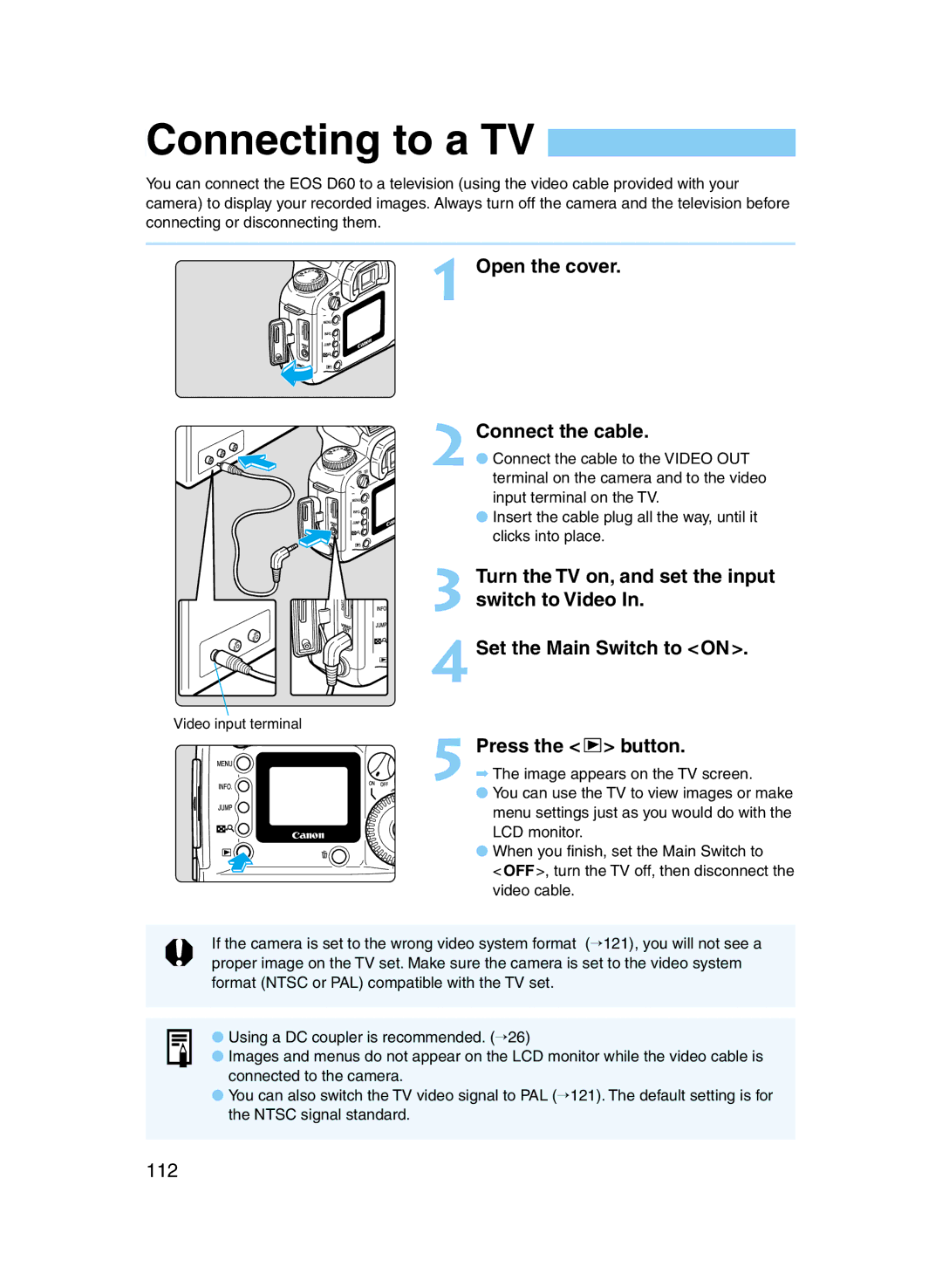 Canon D60 manual Connecting to a TV, 112 