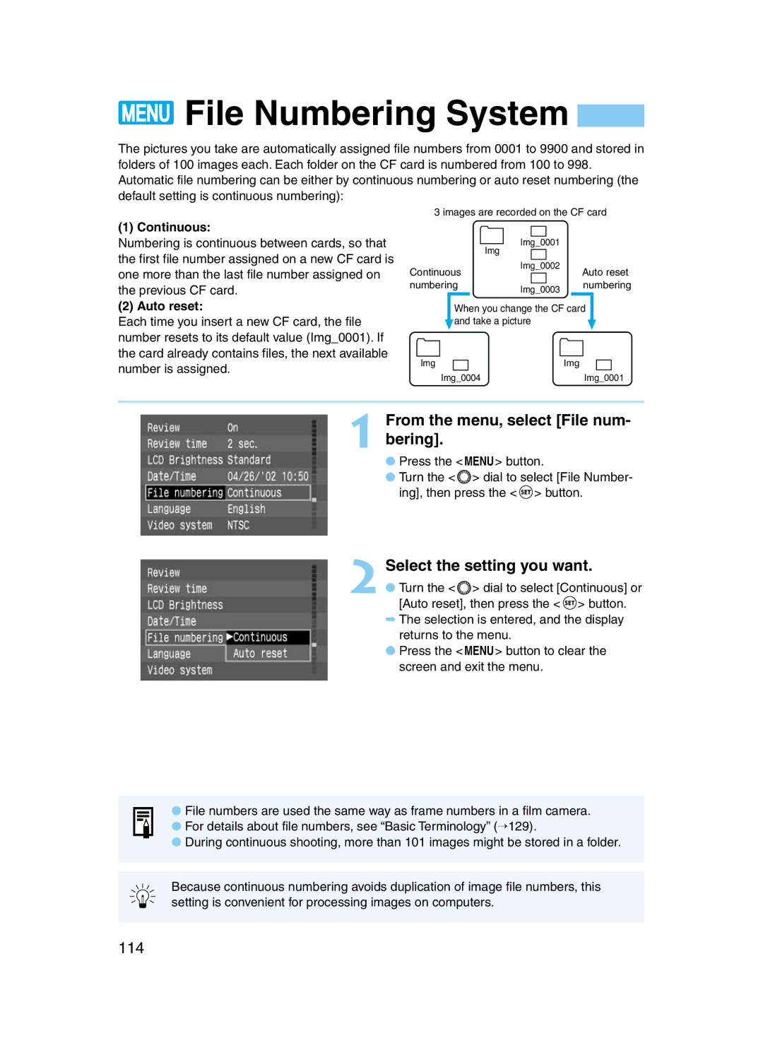 Canon D60 manual File Numbering System, From the menu, select File num- bering, Select the setting you want, 114 