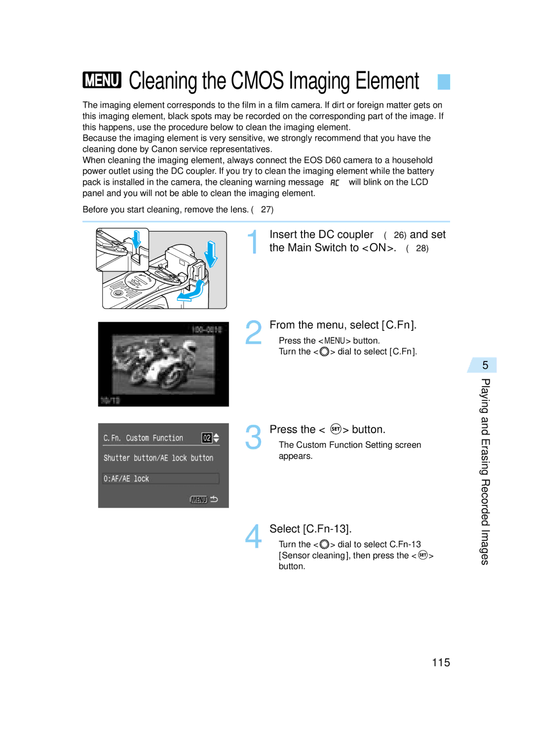 Canon D60 manual Select C.Fn-13, Playing Erasing Recorded Images 115 