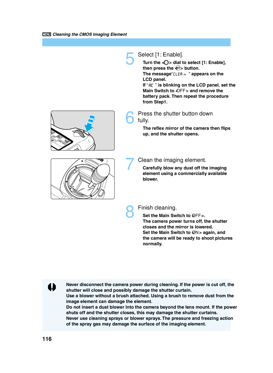 Canon D60 manual Select 1 Enable, Clean the imaging element, Finish cleaning, 116 