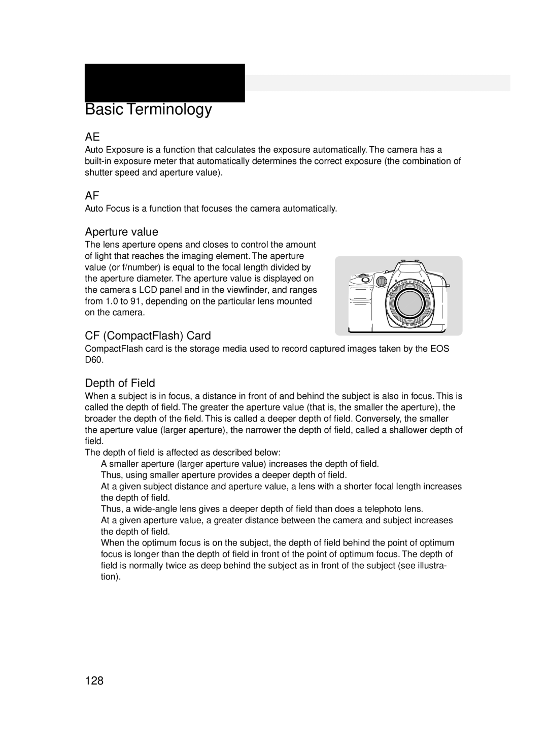 Canon D60 manual Basic Terminology, Aperture value, CF CompactFlash Card, Depth of Field, 128 