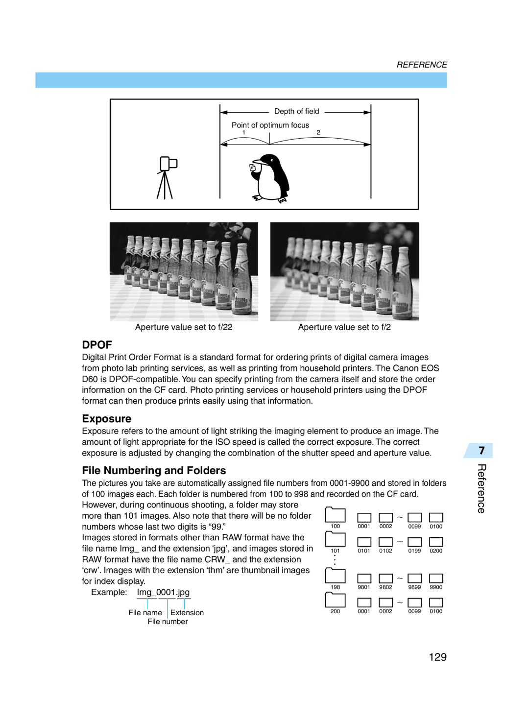 Canon D60 manual Exposure, File Numbering and Folders, Reference 129 