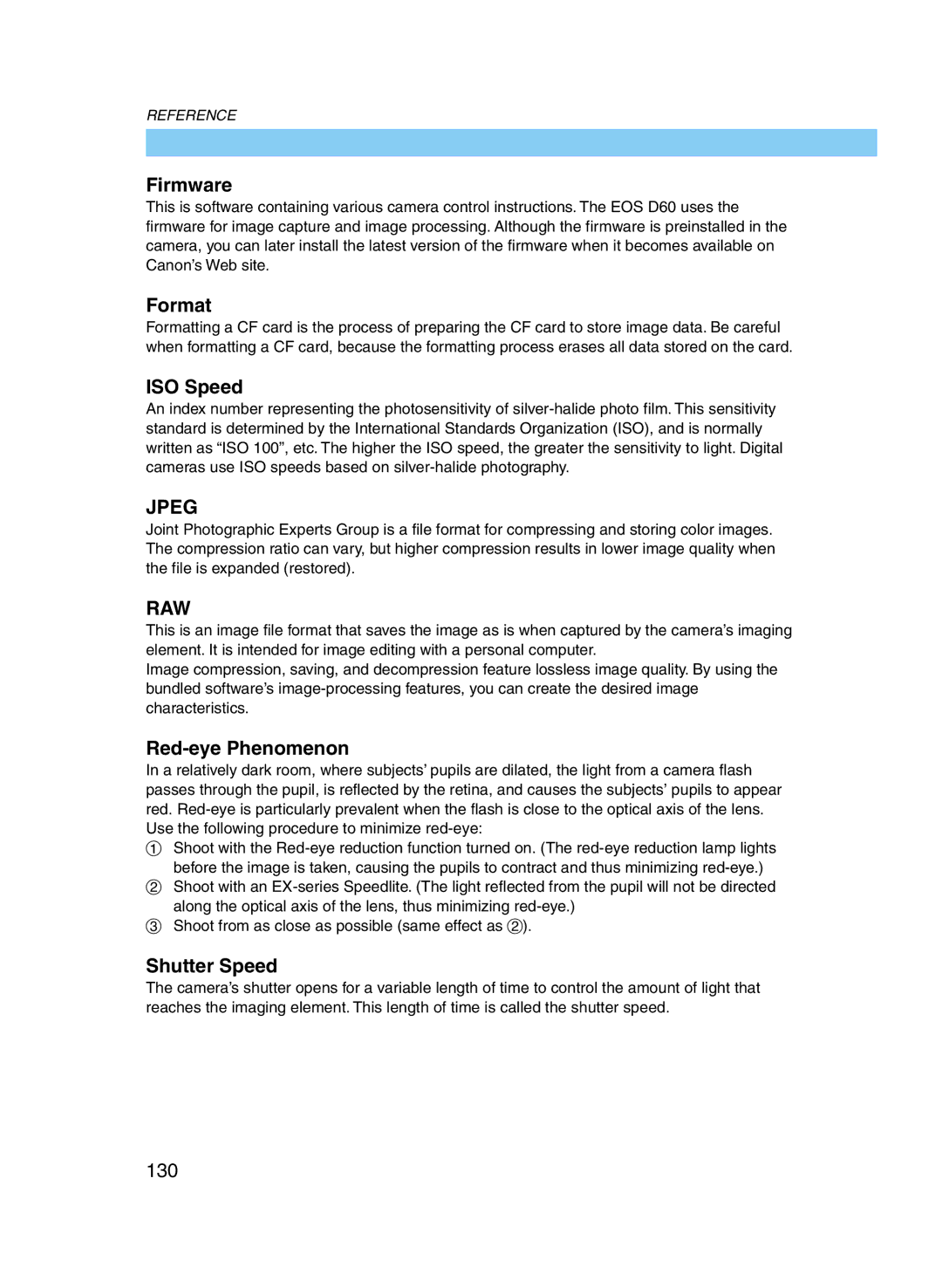 Canon D60 manual Firmware, Format, ISO Speed, Red-eye Phenomenon, Shutter Speed 