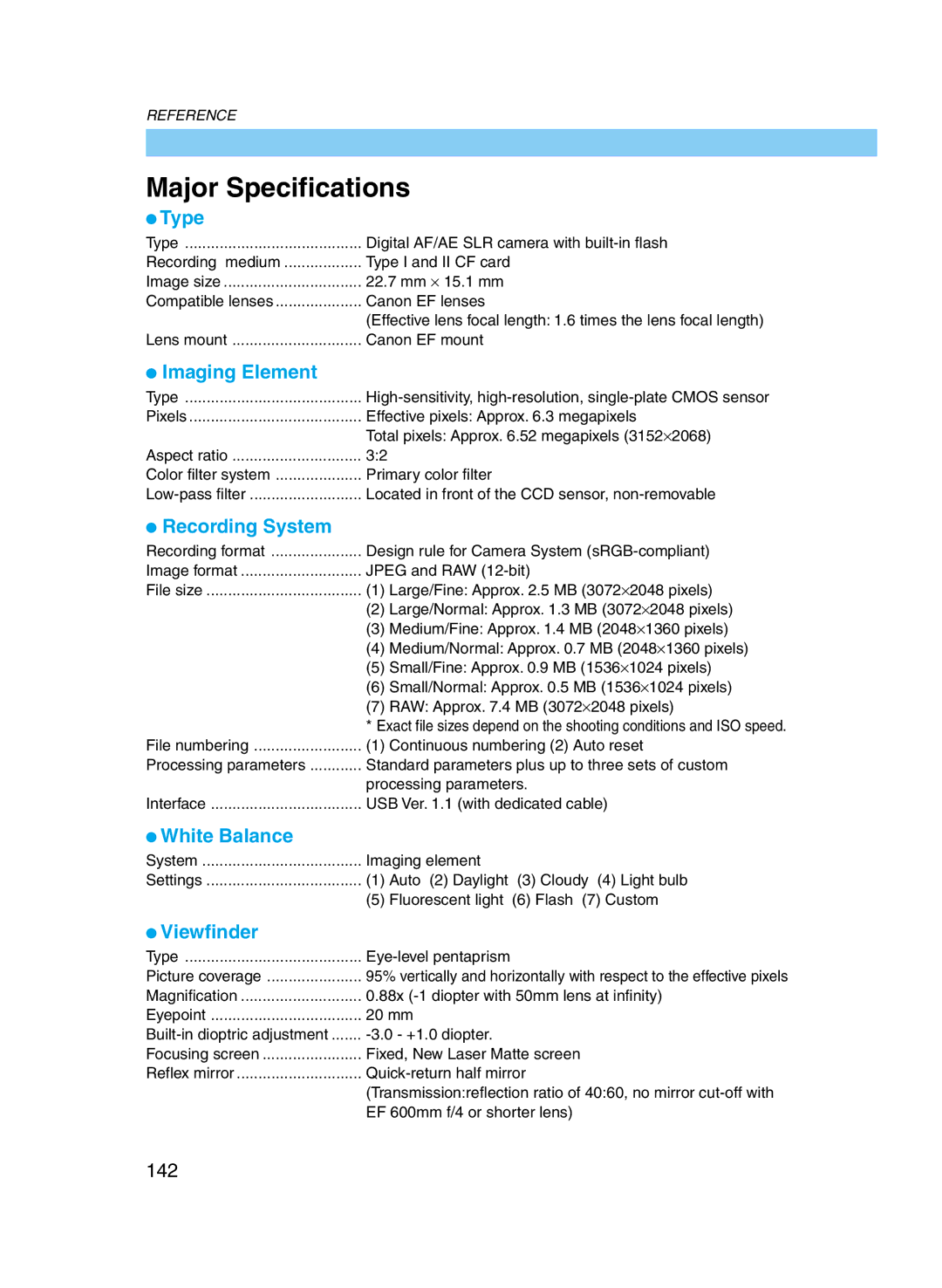 Canon D60 manual Major Specifications, 142 