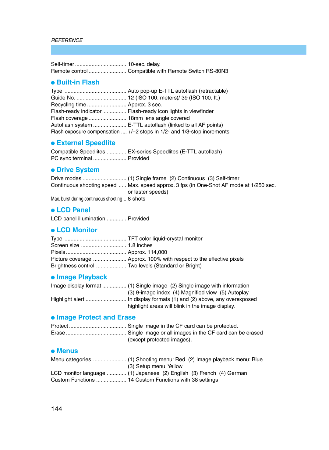 Canon D60 manual Built-in Flash, 144 