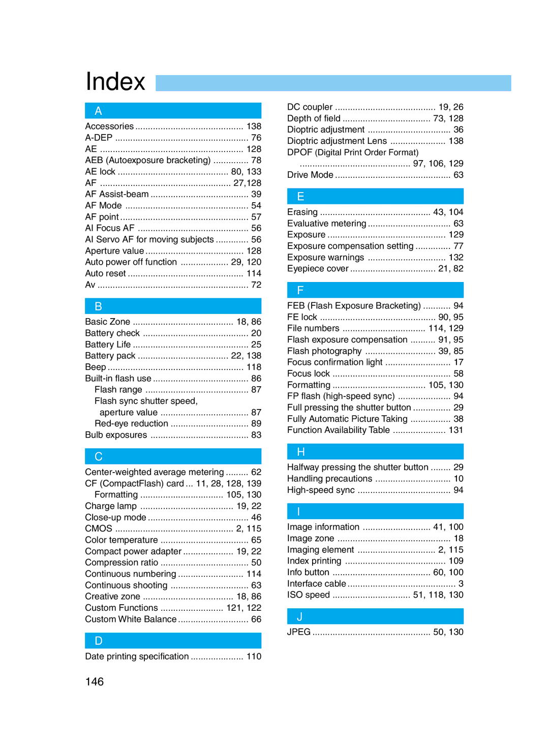 Canon D60 manual Index, 146 