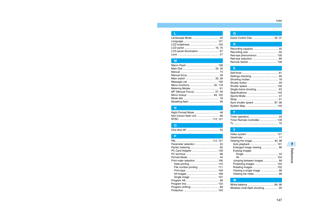 Canon D60 manual Reference 147 
