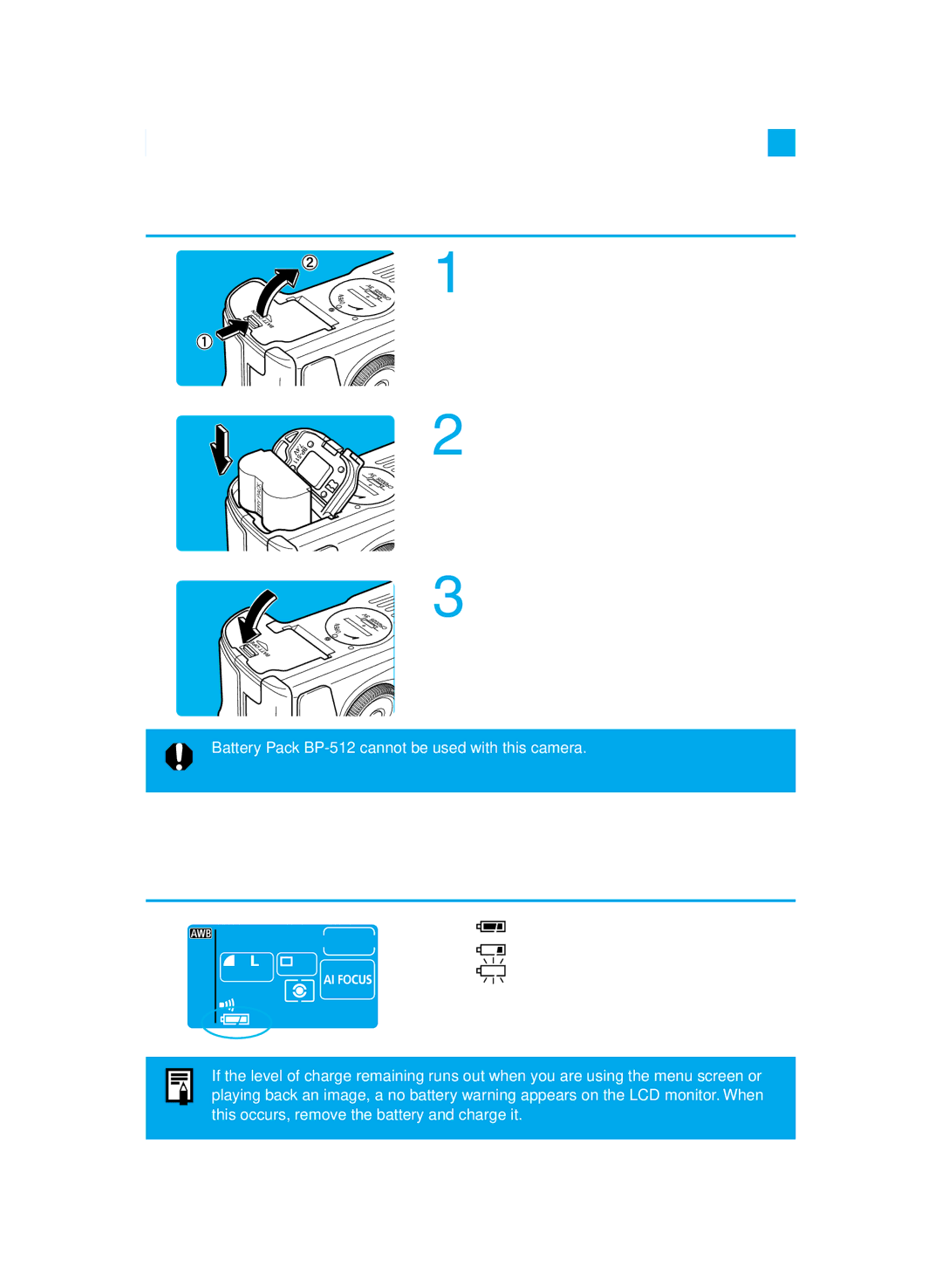 Canon D60 manual Inserting the Battery Pack, Battery Level Icons, Open the battery chamber cover, Close the cover 