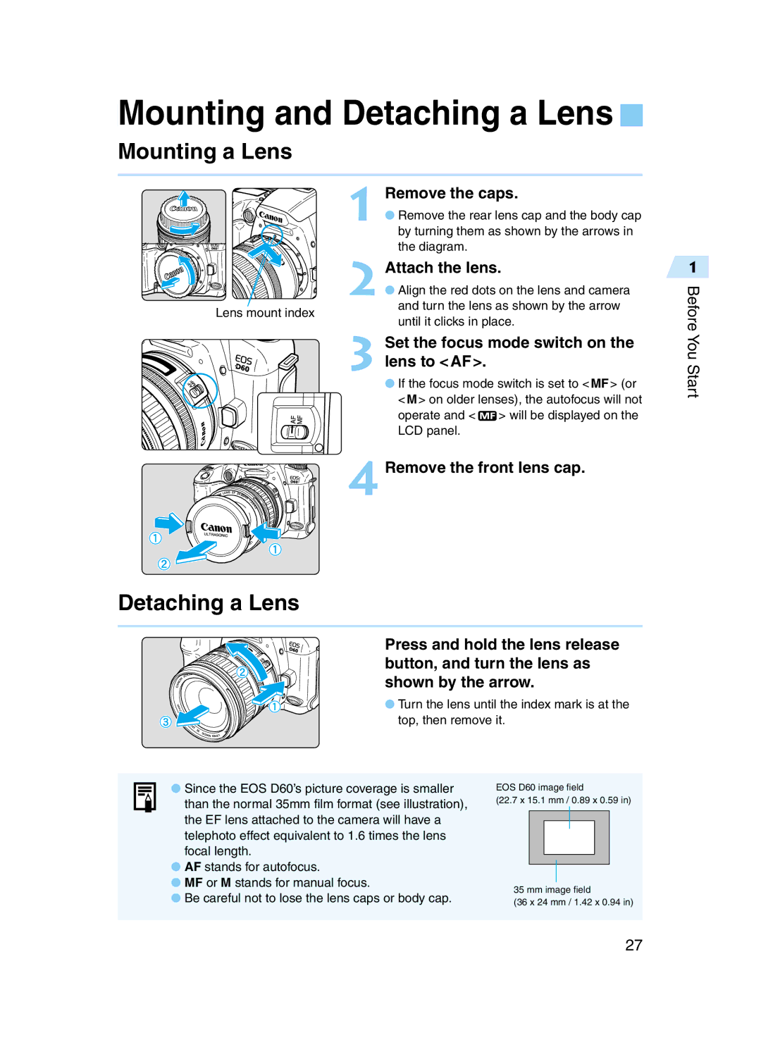 Canon D60 manual Mounting and Detaching a Lens, Mounting a Lens 