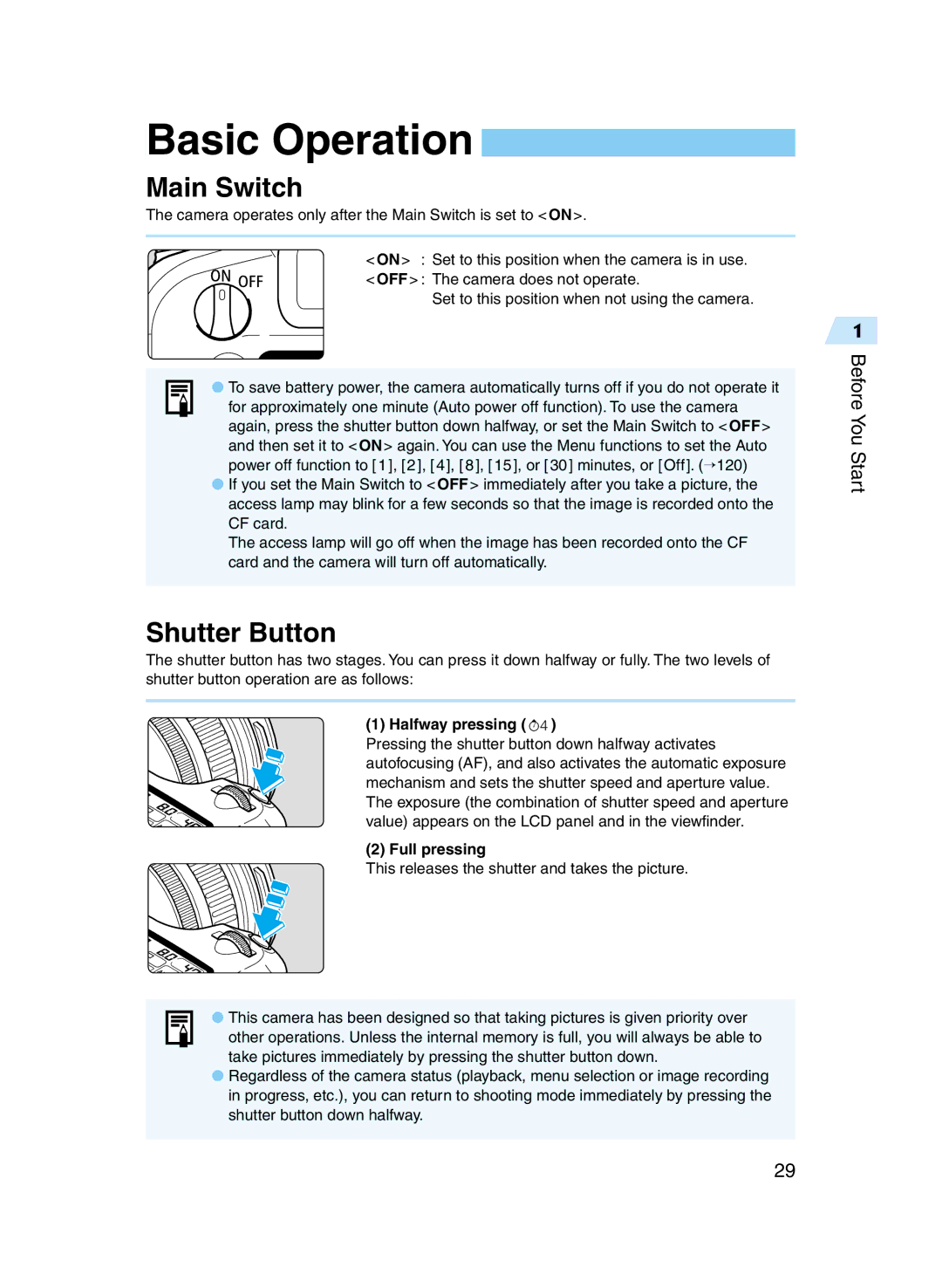 Canon D60 manual Basic Operation, Main Switch, Shutter Button, Halfway pressing, Full pressing 