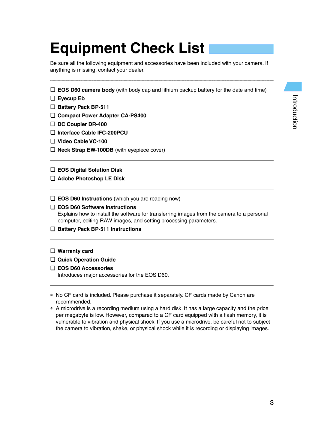 Canon D60 manual Equipment Check List, Introduction, ¢ EOS Digital Solution Disk ¢ Adobe Photoshop LE Disk 