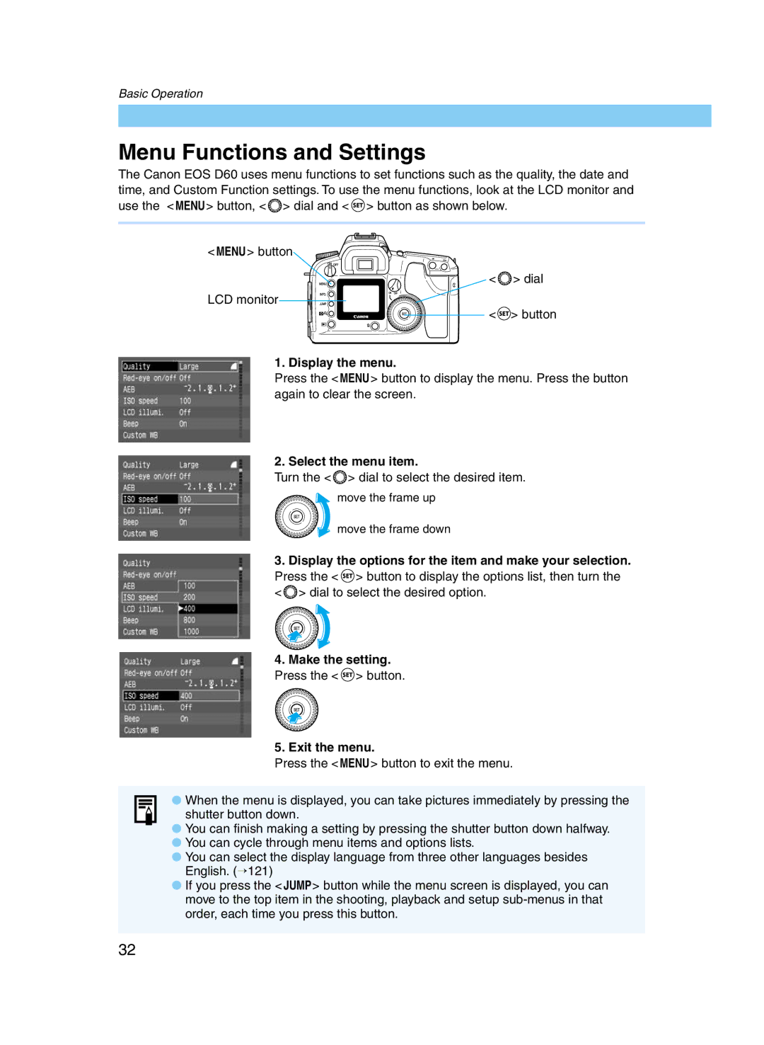 Canon D60 manual Menu Functions and Settings 