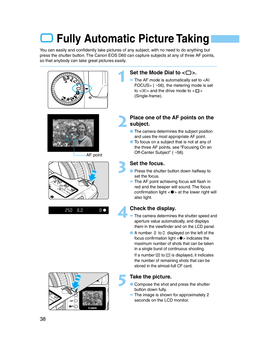 Canon D60 Fully Automatic Picture Taking, Place one of the AF points on the subject, Set the focus, Check the display 