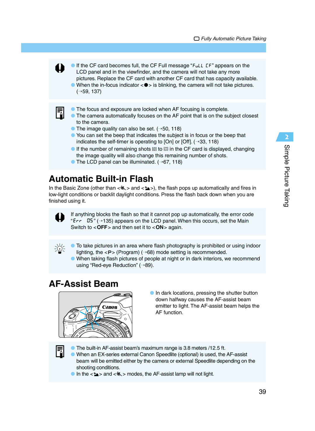 Canon D60 manual Automatic Built-in Flash, AF-Assist Beam, Simple Picture Taking 